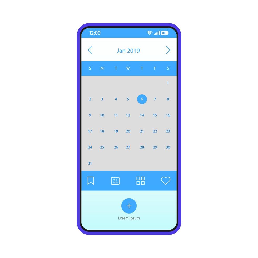 plantilla de vector de interfaz de aplicación de teléfono inteligente de recordatorio. diseño de diseño azul de la página de la aplicación de calendario móvil. organizador digital, pantalla del planificador de citas. interfaz de usuario plana pantalla del teléfono