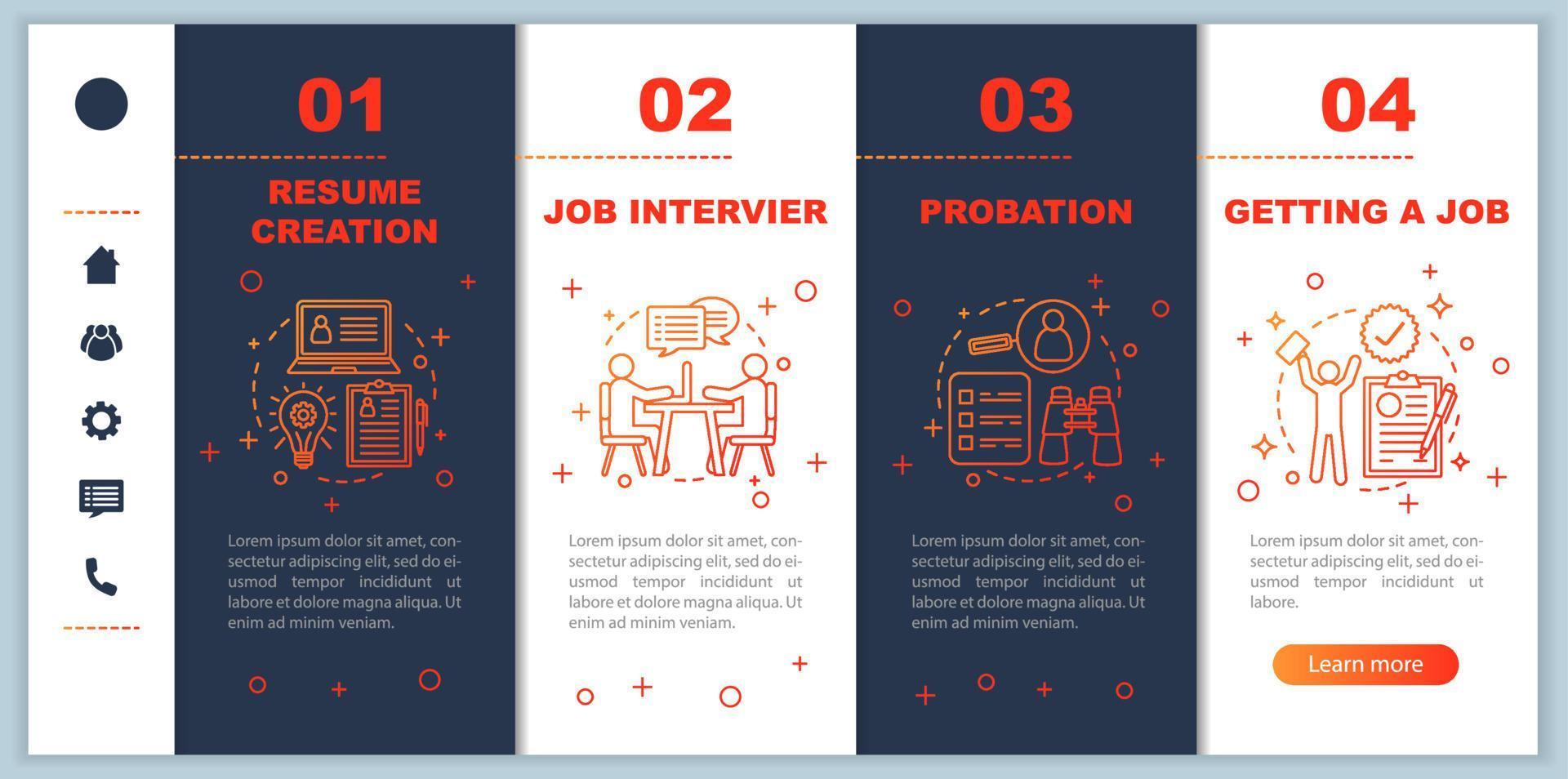 Recruitment onboarding mobile app page screen vector template. Getting job. Job interview. Job searching walkthrough website steps with linear illustrations. UX, UI, GUI smartphone interface concept