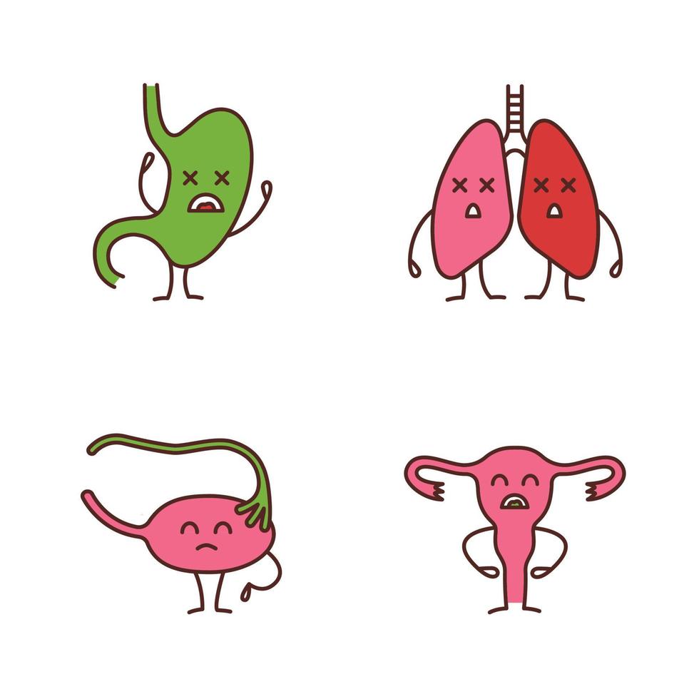 Sad human internal organs characters color icons set. Unhappy stomach, lungs, ovary, fallopian tube, uterus. Unhealthy digestive, respiratory, female reproductive systems. Isolated vector illustration