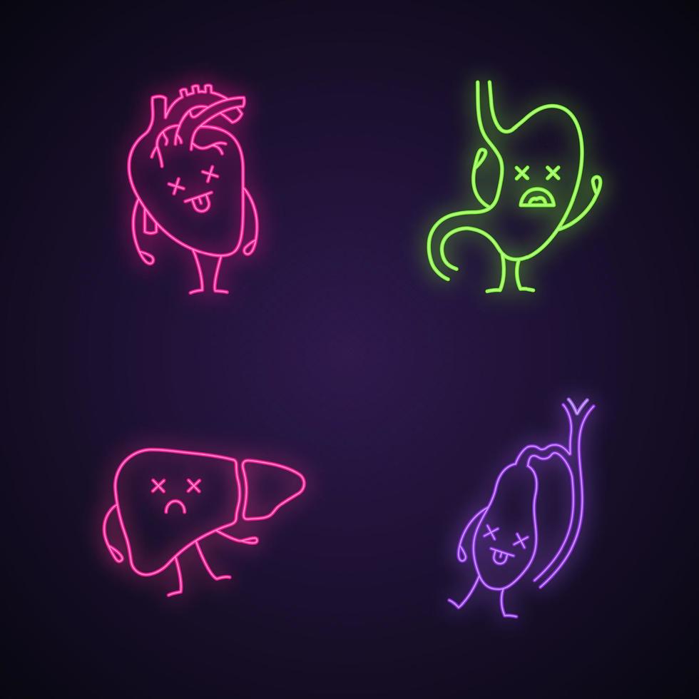 Sad human internal organs characters neon light icons set. Glowing signs. Unhappy heart, stomach, liver, gallbladder. Unhealthy cardiovascular and digestive systems. Vector isolated illustrations