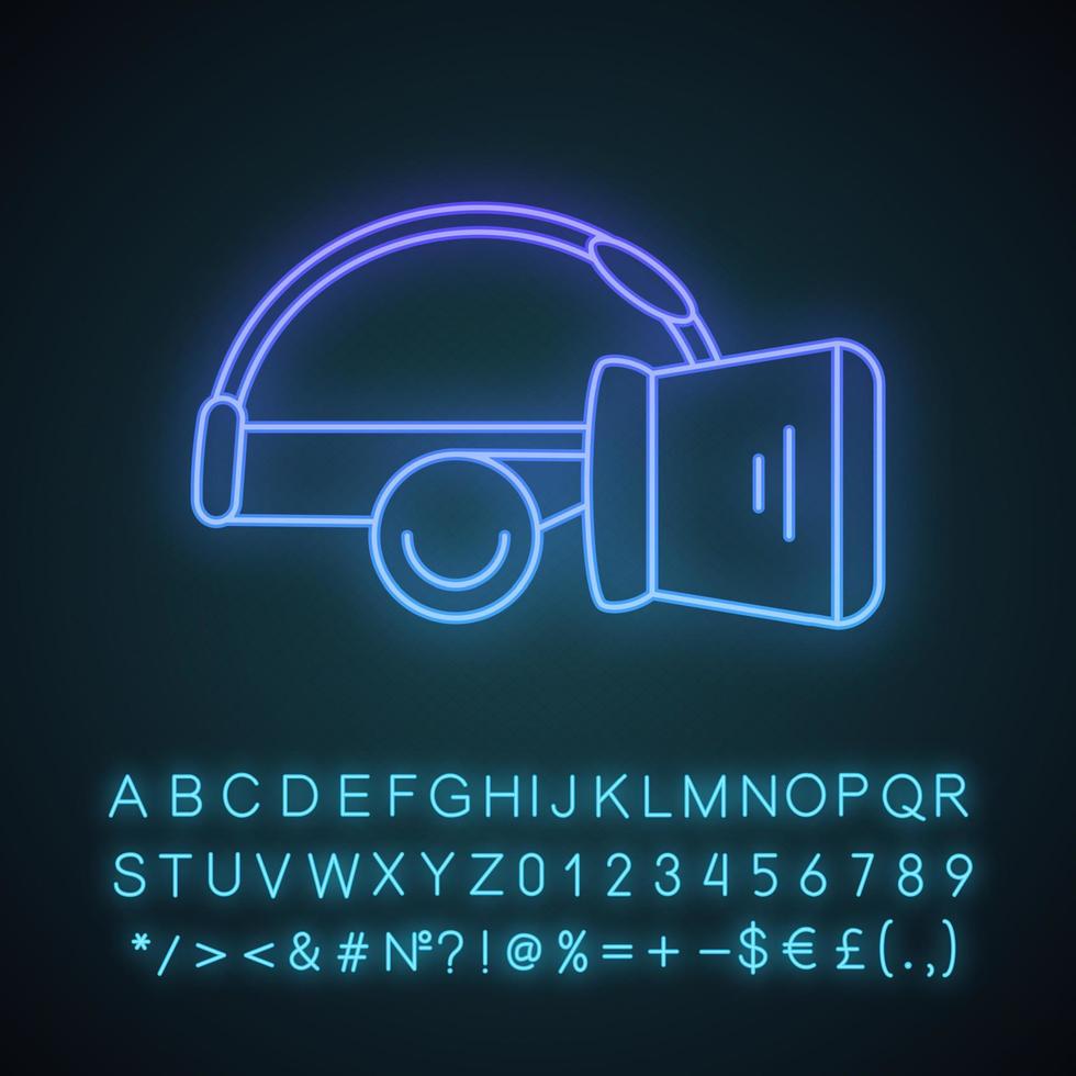 VR headset neon light icon. Virtual reality mask set. VR glasses, goggles with built in headphones. Glowing sign with alphabet, numbers and symbols. Vector isolated illustration