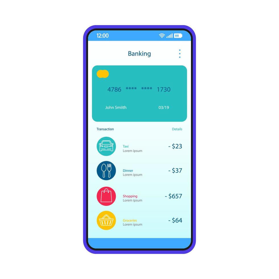 Mobile banking account interface template. Online payment. Smartphone app page design layout. Credit card transaction. E-payment screen. Flat UI for application. Phone display payment options vector