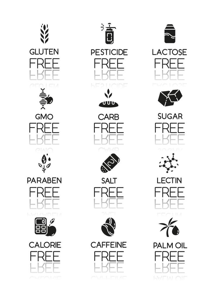 Product free ingredient drop shadow black glyph icons set. No lectine, gluten. Organic food, healthy eating. Low calories meals. Dietary without allergens and sweeteners. Isolated vector illustrations