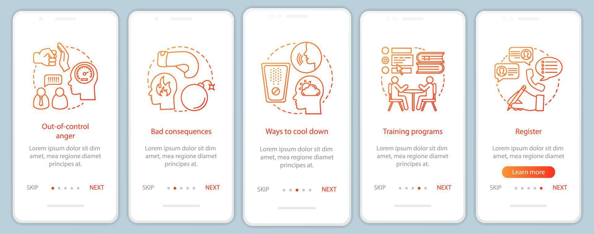 gestión de la ira incorporando la pantalla de la página de la aplicación móvil con conceptos lineales. ira fuera de control, maneras de enfriar los pasos del recorrido instrucciones gráficas. ux, ui, plantilla vectorial gui con ilustraciones vector