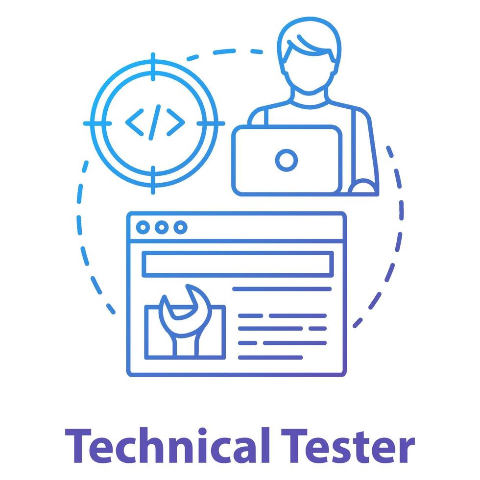 Technical tester concept icon. Software development idea thin line illustration. App programming professional. System functions analysis. IT project managment. Vector isolated outline drawing
