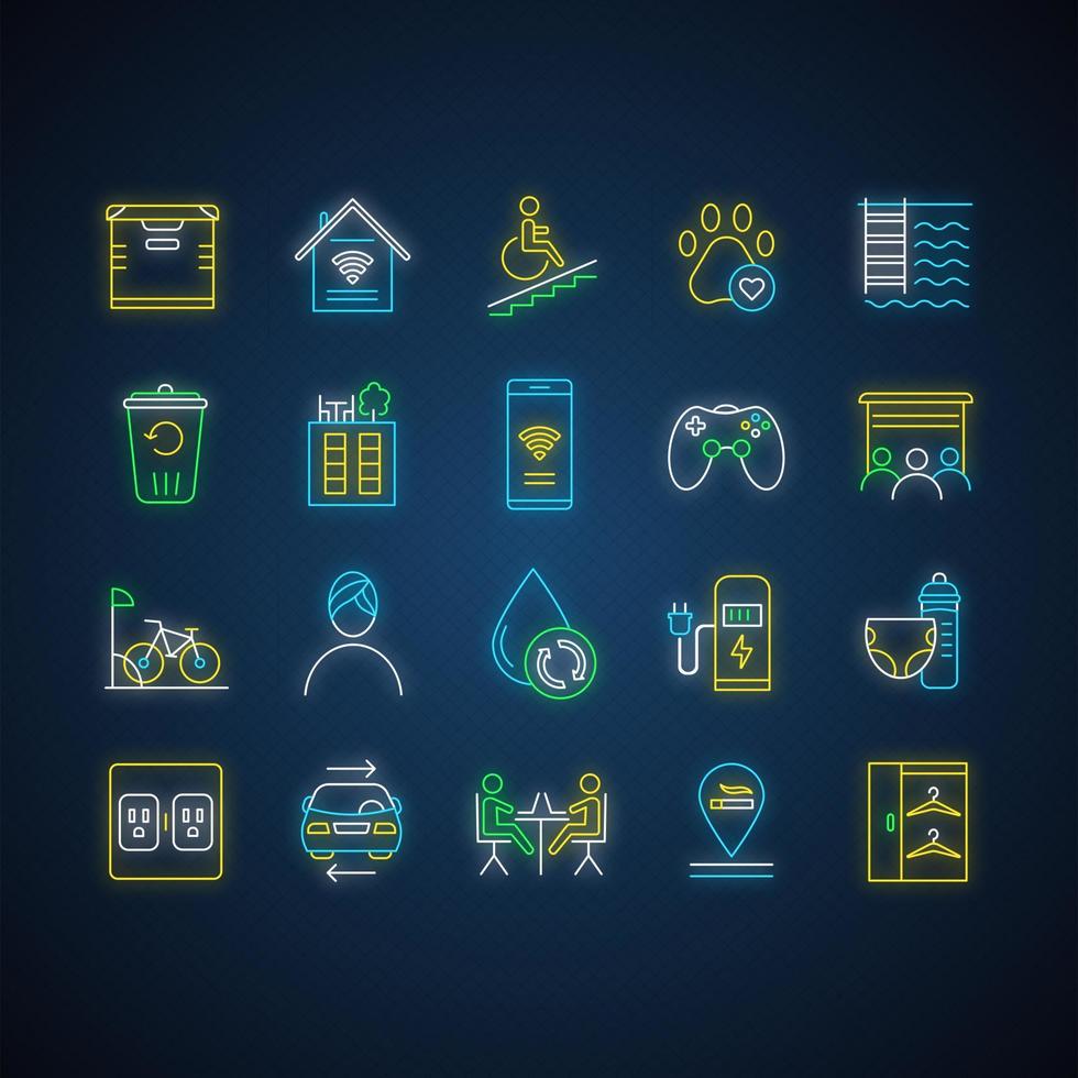 Apartment amenities neon light icons set. Residential services. Comfortable house signs. Luxuries for dwelling inhabitants. Property conveniences. Glowing signs. Vector isolated illustrations