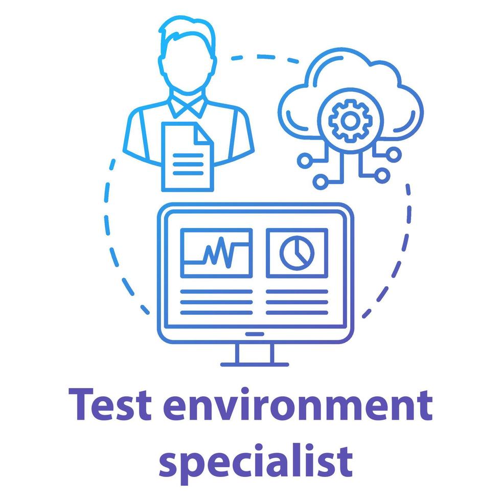 Test environment specialist concept icon. Software development specialist idea thin line illustration. App programming professional. IT project management. Vector isolated outline drawing