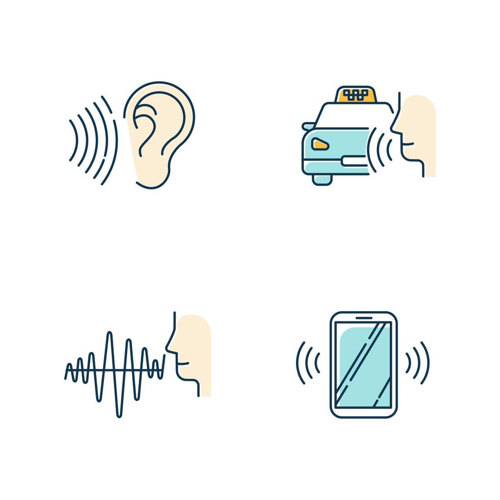 Blue speech recognizing color icons set. Voice control idea. Soundwave, voice command, cab order. Interactive response system. Talk and listen. Virtual assistant. Isolated vector illustrations