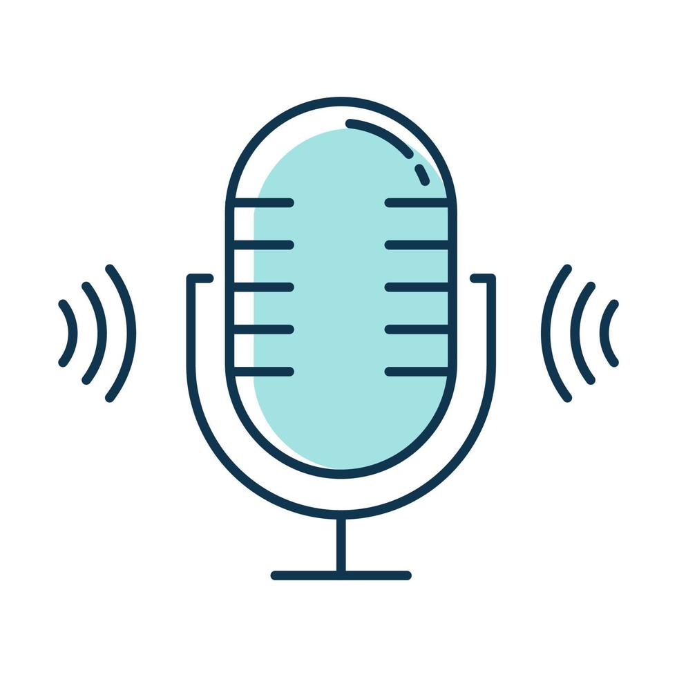Blue microphone color icon. Voice scan software idea. Modern sound recording equipment. Stereo frequency, speech recognize. Volume amplifier, recording accessory. Isolated vector illustration