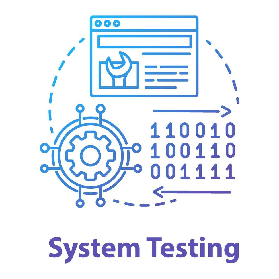 icono del concepto de prueba del sistema. Ilustración de línea delgada de idea de etapa de desarrollo de software. verificación del rendimiento de la aplicación. gestión de proyectos de TI. codificación de aplicaciones. dibujo de contorno aislado vectorial vector