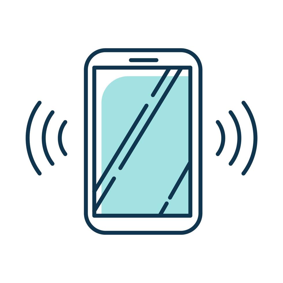 Blue ringing smartphone color icon. Mobile voice control idea. Sound command. Loud volume, audio frequency. Phone call, vibro signal. Modern digital device. Isolated vector illustration