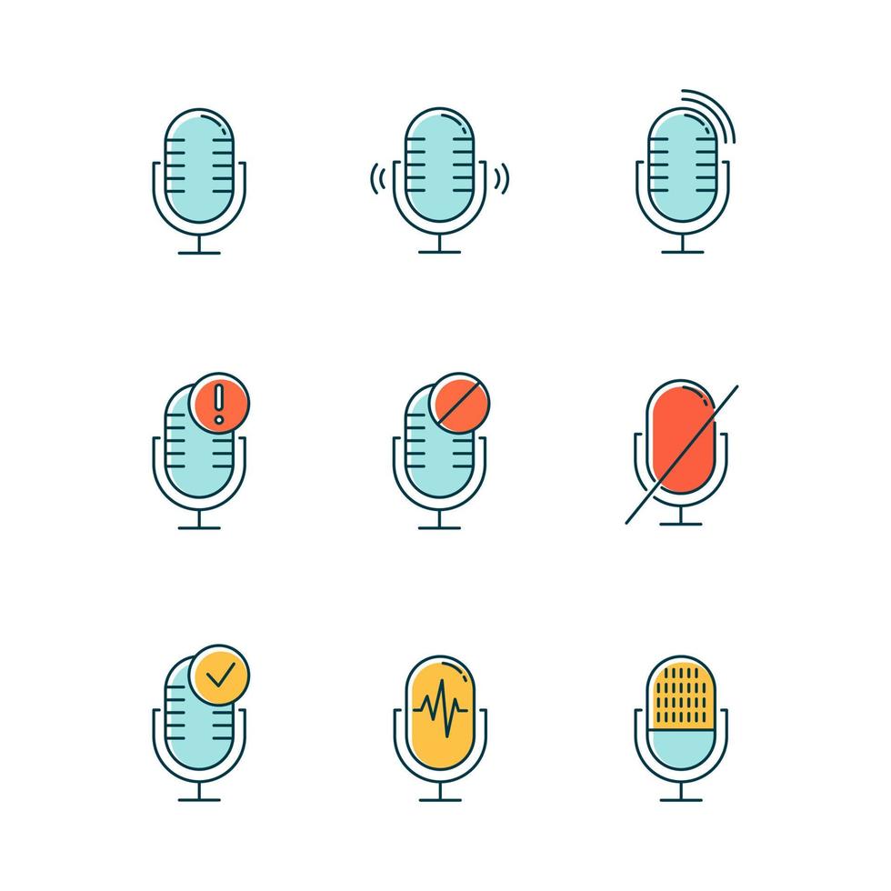 Blue microphone connection problem color icons set. Sound recorders idea. Connected mics. Different voice commands. Music equipment. Modern digital devices. Isolated vector illustrations