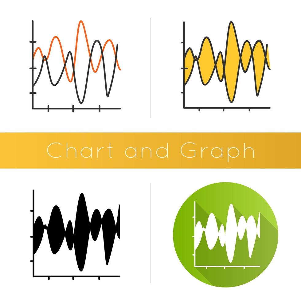 Stream graph icon. Seismic chart. Amplitudes and motion waves. Radiation curve diagram. Science research and report. Flat design, linear and color styles. Isolated vector illustrations
