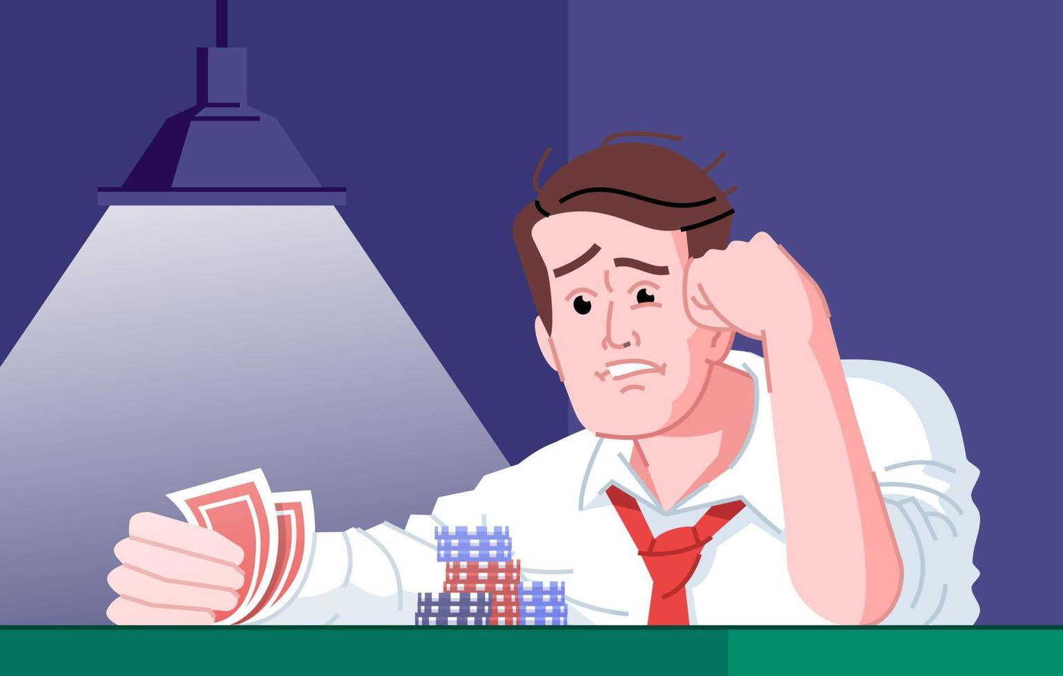 Gambling addiction flat vector illustration. Casino entertainment dependence. Gamblers failure, bad luck day. Obsessed poker player frustrated about losing card game cartoon character