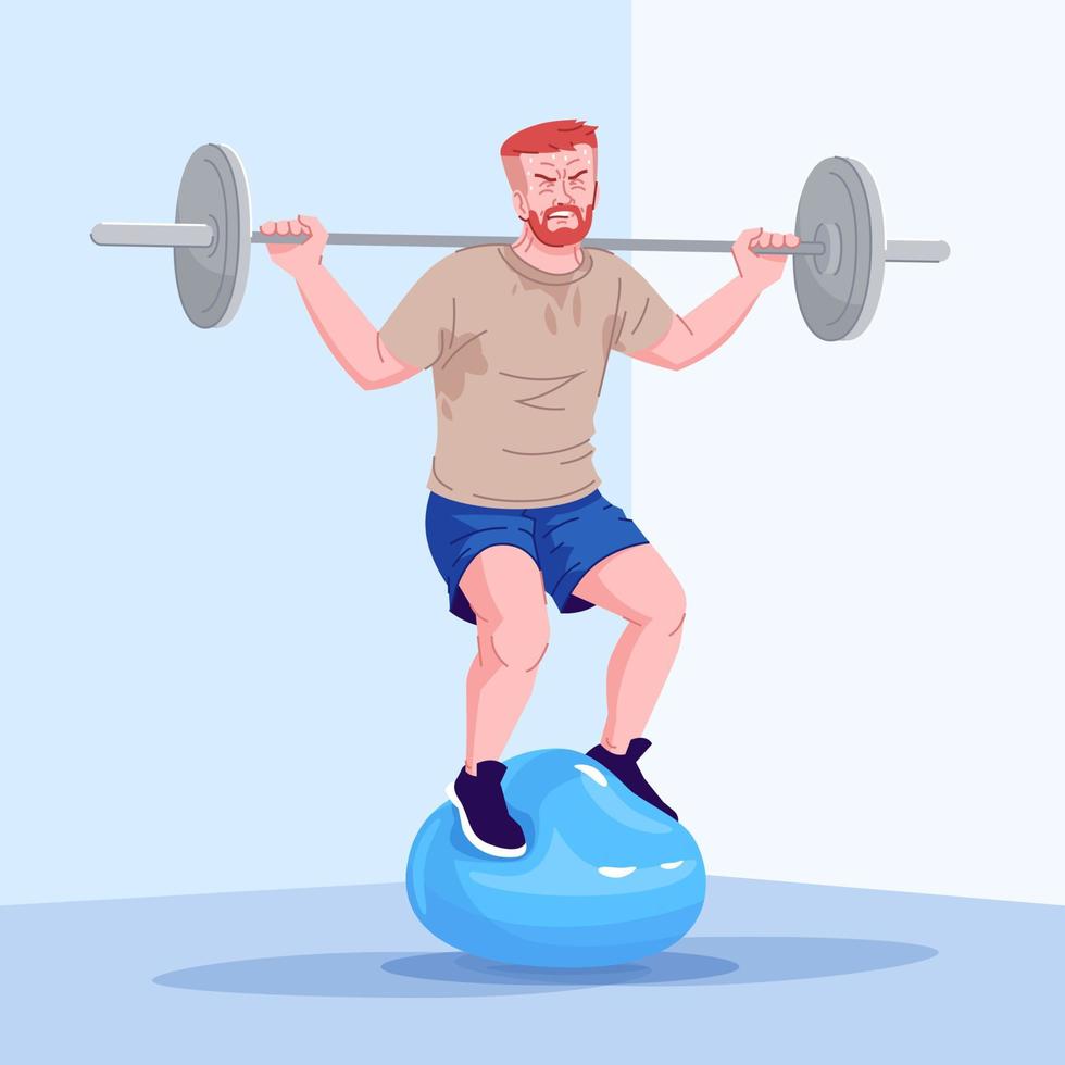 Physical training dependence flat vector illustration. Workout addiction. Tired gym addict exercising, obsessed weightlifter, athlete balancing on ball with weights cartoon character
