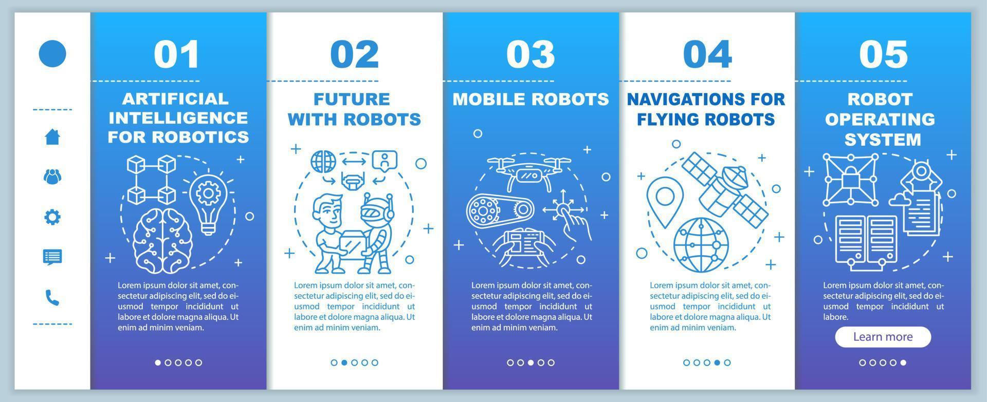 Robotics courses onboarding mobile web pages vector template. Cybernetics. Responsive smartphone website interface idea with linear illustrations. Webpage walkthrough step screens. Color concept