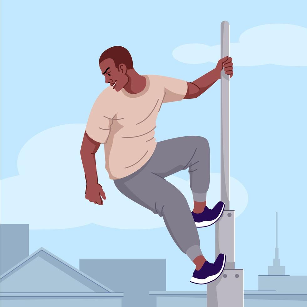 Adrenaline addiction flat vector illustration. Extreme sports obsession. Risky tricks dependence. Thoughtless young man, daredevil climbing high tower without safety equipment cartoon character