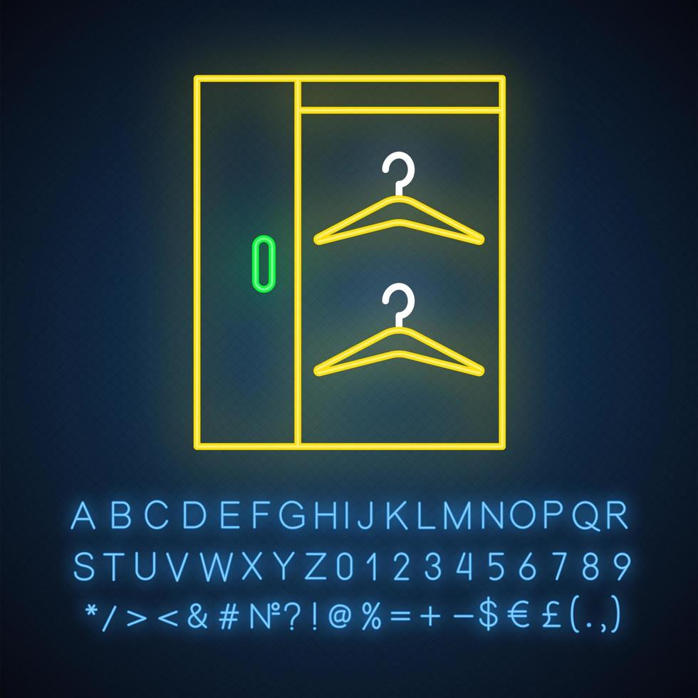 Walk in closets neon light icon. Dressing room. Wardrobe. Cupboard, cabinet. Comfortable home. Apartment amenities. Glowing sign with alphabet, numbers and symbols. Vector isolated illustration