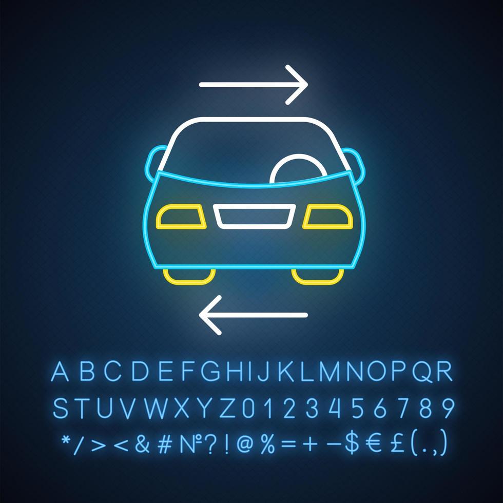 Shared car service neon light icon. Vehicle for rent. Carpooling. Ride sharing. Carshare. Lift sharing. Shared mobility. Glowing sign with alphabet, numbers and symbols. Vector isolated illustration