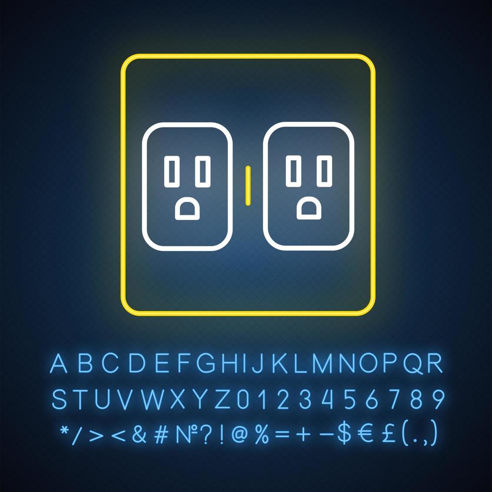 Charging outlets neon light icon. Two wall sokets. Electrical connectors. Power points. Electrified room. Glowing sign with alphabet, numbers and symbols. Vector isolated illustration
