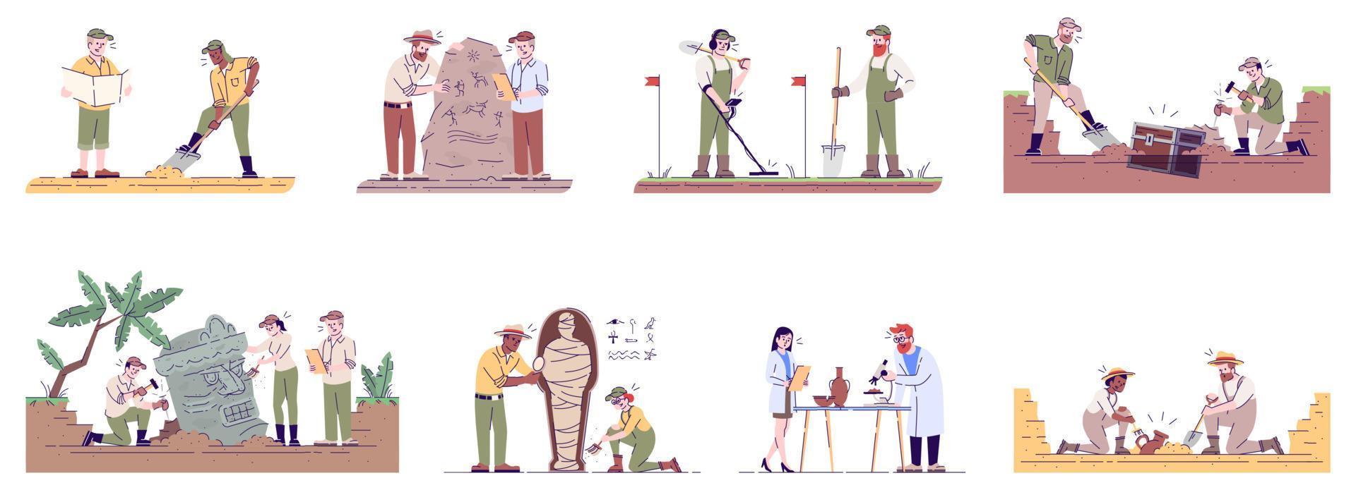 Archeology flat vector illustrations set. Archeological expedition excavations. Archeologists on field and laboratory studies isolated cartoon characters with outline elements on white background