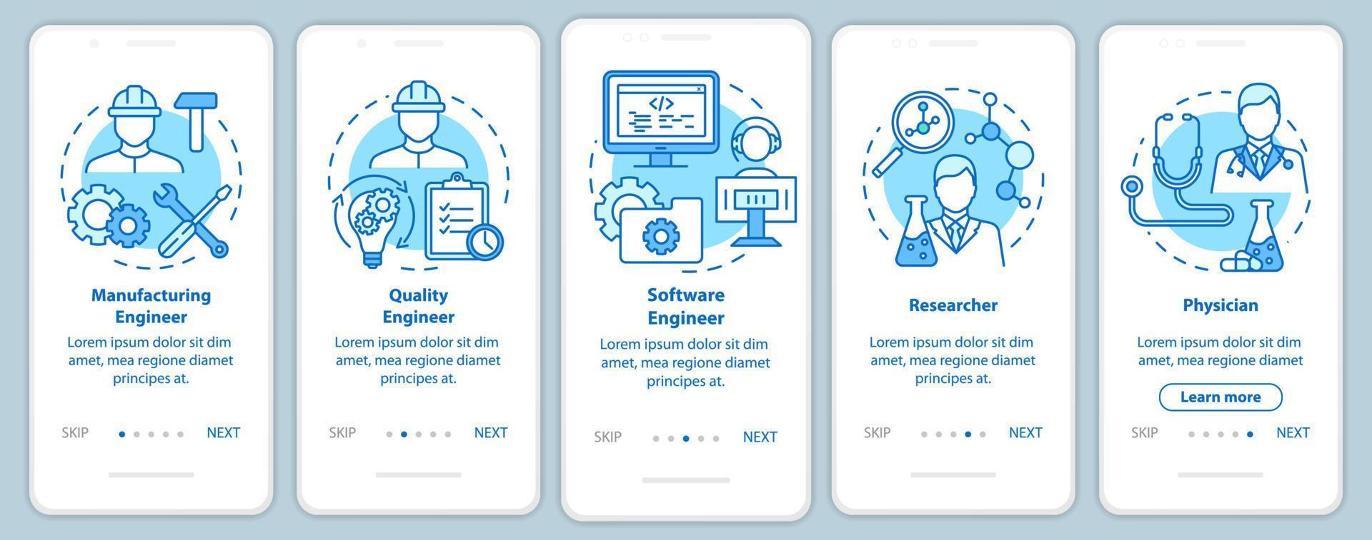 Bioengineering jobs onboarding mobile app page screen with linear concepts. Five walkthrough steps graphic instructions. Researcher and physician. UX, UI, GUI vector template with illustrations