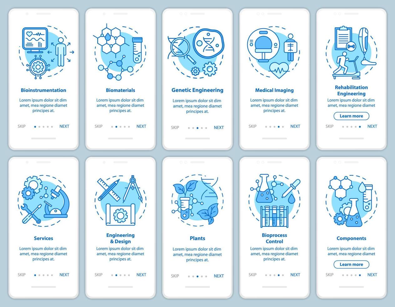 Bioengineering onboarding mobile app page screen with linear concepts. Medical imaging, services. Ten walkthrough steps graphic instructions. Biomaterials. UX, UI, GUI vector template, illustrations