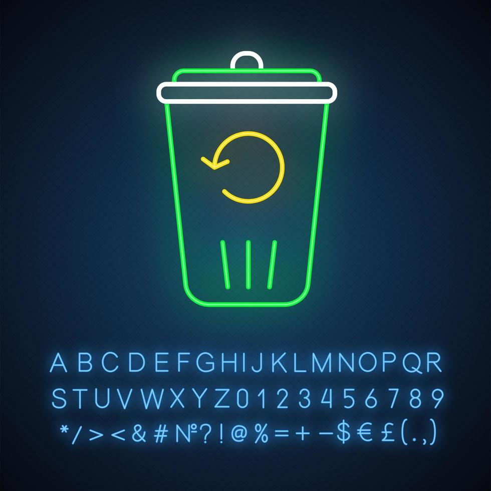 Recycling service neon light icon. Converting waste materials. Garbage reuse. Junk reprocessing. Trash bin. Reutilization. Glowing sign with alphabet, numbers and symbols. Vector isolated illustration