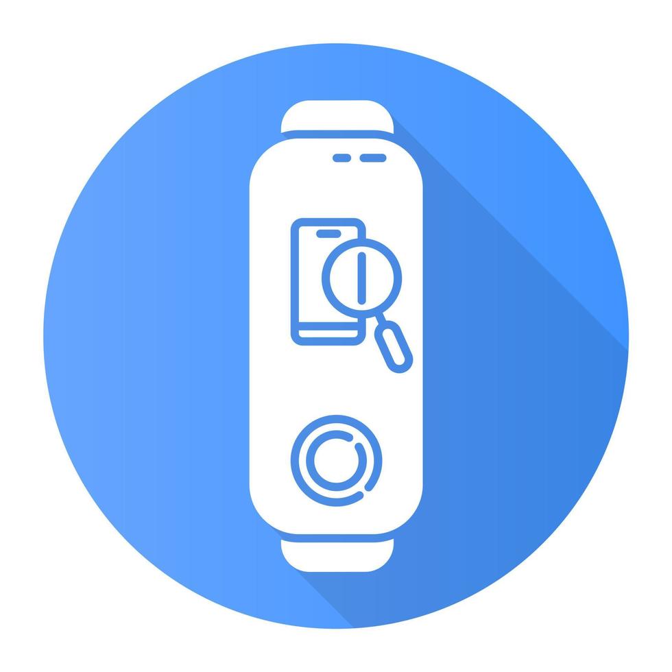 Fitness tracker with smartphone finder blue flat design long shadow glyph icon. Wellness gadget with lost cellphone location identification. Phone with magnifier sign. Vector silhouette illustration