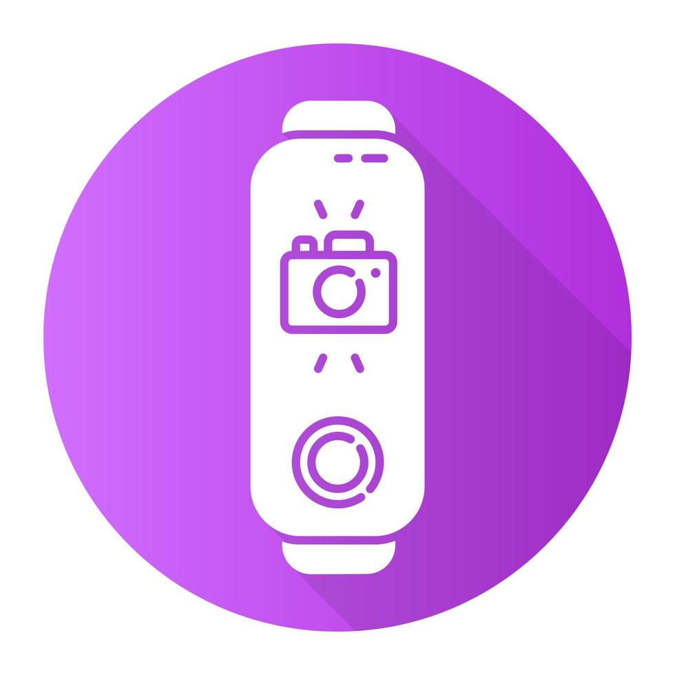 rastreador de fitness con cámara en pantalla icono de glifo de sombra larga de diseño plano violeta. gadget de bienestar de moda con opción de fotografía instantánea. dispositivo con control de cámara a distancia. ilustración de silueta vectorial vector