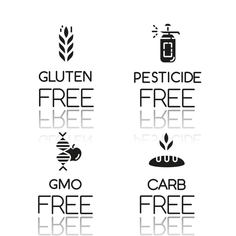 Product free ingredient drop shadow black glyph icons set. No gluten, pesticide, gmo, carb. Organic healthy food. Dietary without allergens and sweeteners. Isolated vector illustrations