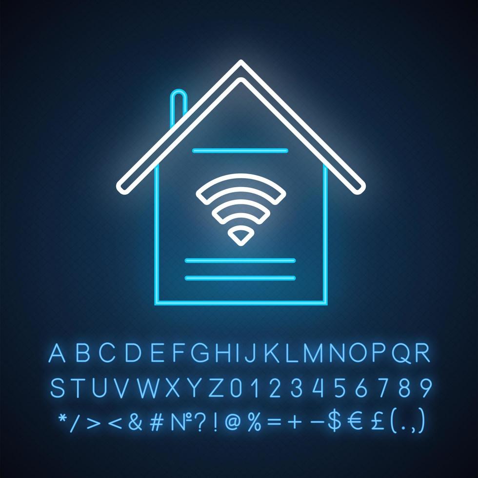 Smart home features neon light icon. Handle with appliances via internet. Control household. Wi-Fi access indoors. Glowing sign with alphabet, numbers and symbols. Vector isolated illustration