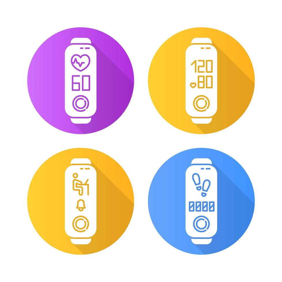 Fitness tracker health monitoring flat design long shadow glyph icons set. Wellness gadget with blood pressure and heart rate indicators. Step counter pictogram. Vector silhouette illustration