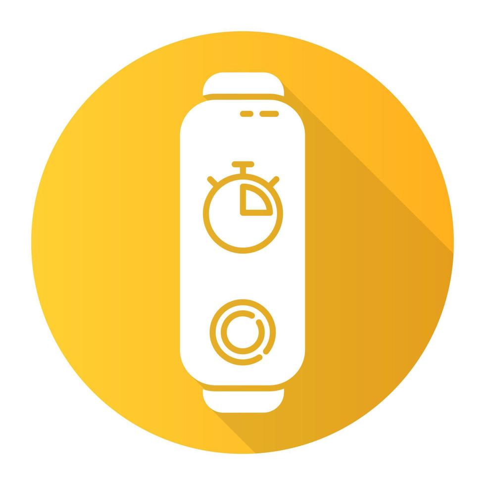 Fitness tracker with stop watch on display yellow flat design long shadow glyph icon. Trendy wellness device with digital timer. Wearable gadget for time measurement. Vector silhouette illustration