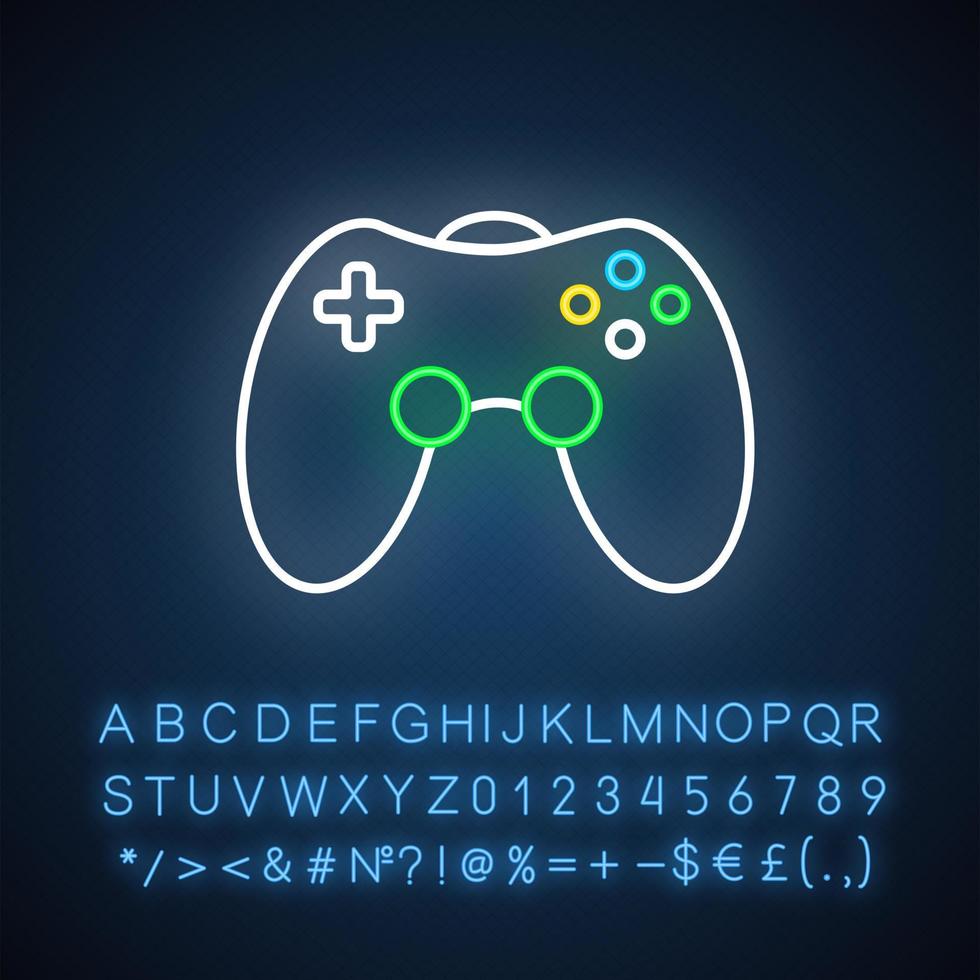 Game room neon light icon. Gamepad. Video game controller. Community recreation area. Esports competition. Joystick. Glowing sign with alphabet, numbers and symbols. Vector isolated illustration