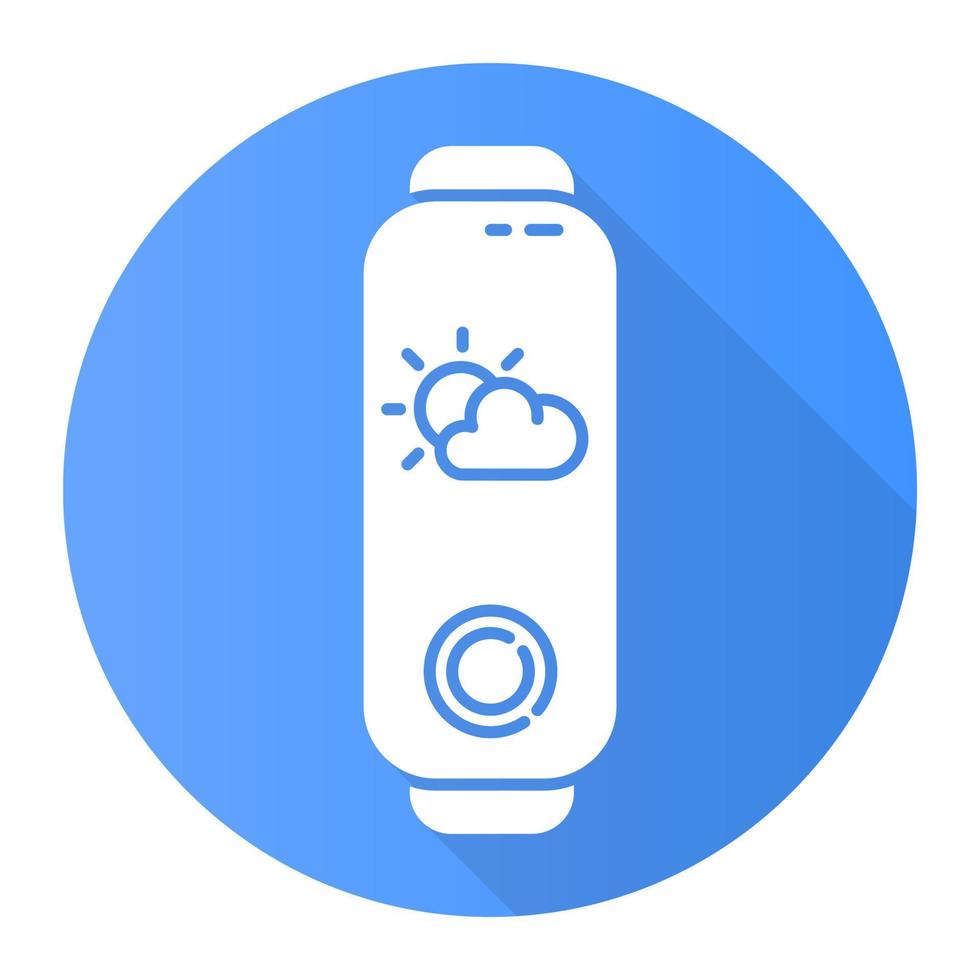 dispositivo de fitness con función de pronóstico del tiempo icono de glifo de sombra larga de diseño plano azul. Gadget portátil de estilo de vida activo con indicador de meteorología en pantalla. ilustración de silueta vectorial vector