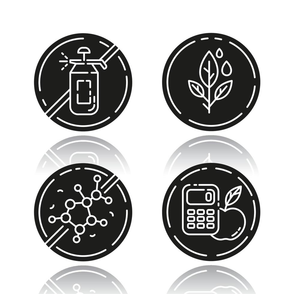 Product free ingredient drop shadow black glyph icons set. No calories, paraben, lectin, pesticide. Healthy dietary without allergens. Balanced meals. Isolated vector illustrations