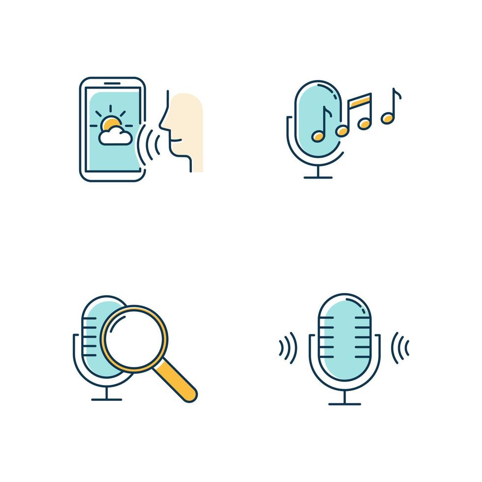 Blue sound request color icons set. Voice control system idea. Speech recognition technology. Voice controlled apps. Microphones, speakers. Music mics, forecast app. Isolated vector illustrations