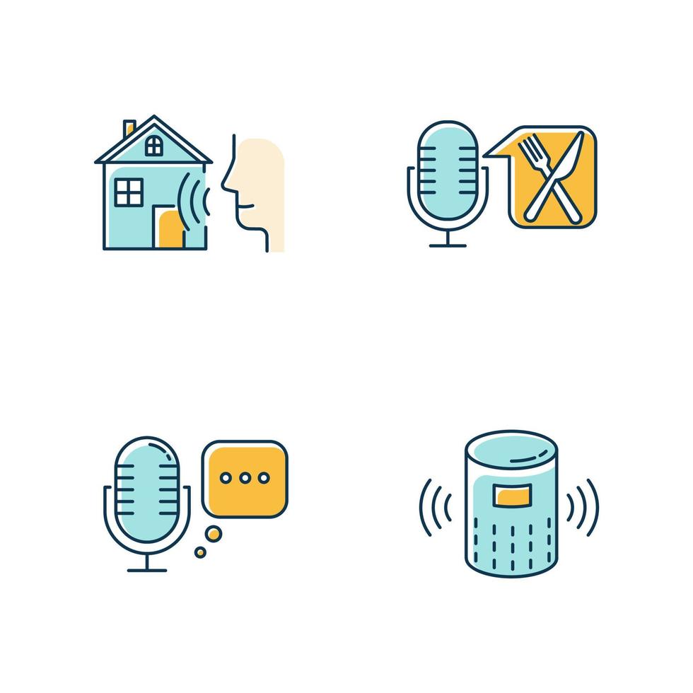 Blue remote control system color icons set. Virtual assistance tools idea. Microphones, speaker. Speech recognition equipment. Smart home technology, food order. Isolated vector illustrations