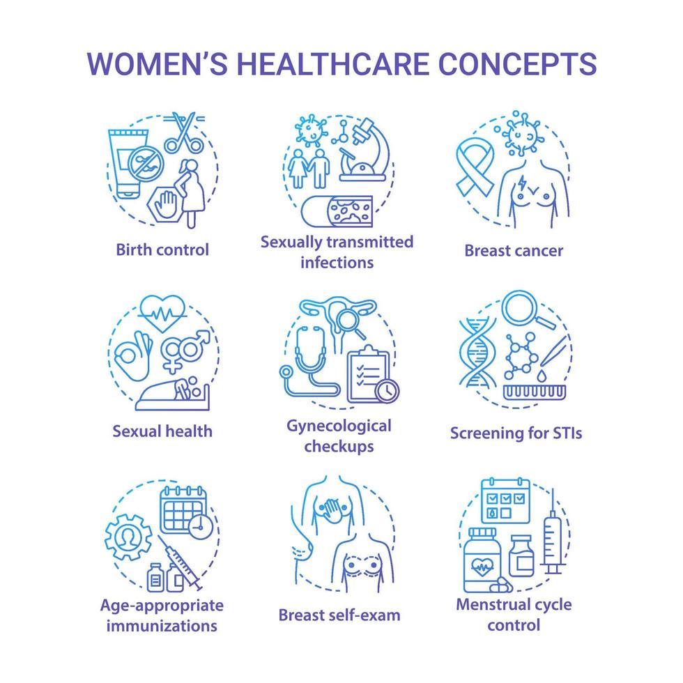 Women healthcare blue concepts icons set. Female medical treatment idea thin line illustrations. Checkups, screening, self exam. Menstruation, birth, STIs. Vector isolated outline drawings