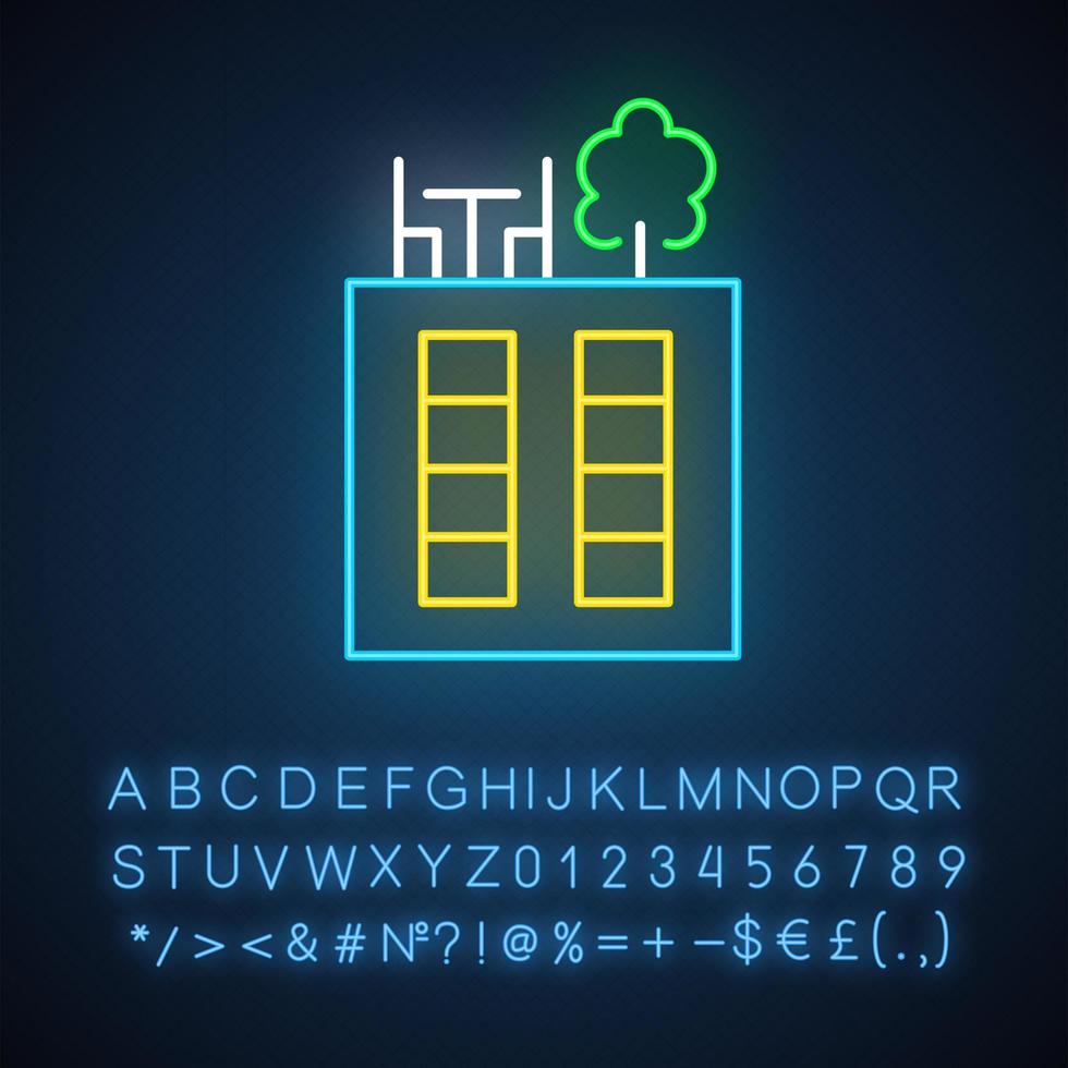 Rooftop deck neon light icon. Panoramic terrace. Luxurious penthouse balcony. Garden space on roof. Sky park lounge zone. Glowing sign with alphabet, numbers and symbols. Vector isolated illustration