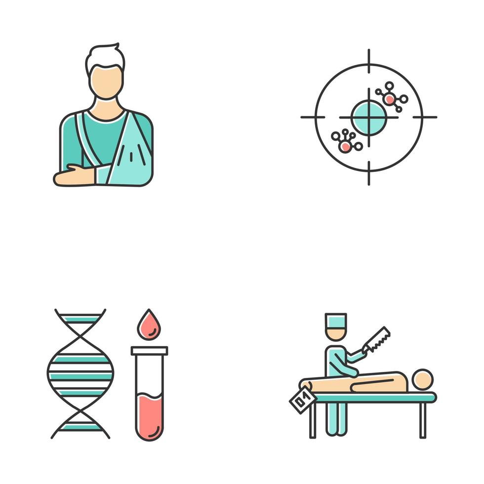 Medical procedures color icons set. Orthopedic cast. Fractured bone aid. Immunotherapy. Genetic test. DNA helix and molecules. Autopsy diagnosis. Death cause examination. Isolated vector illustrations