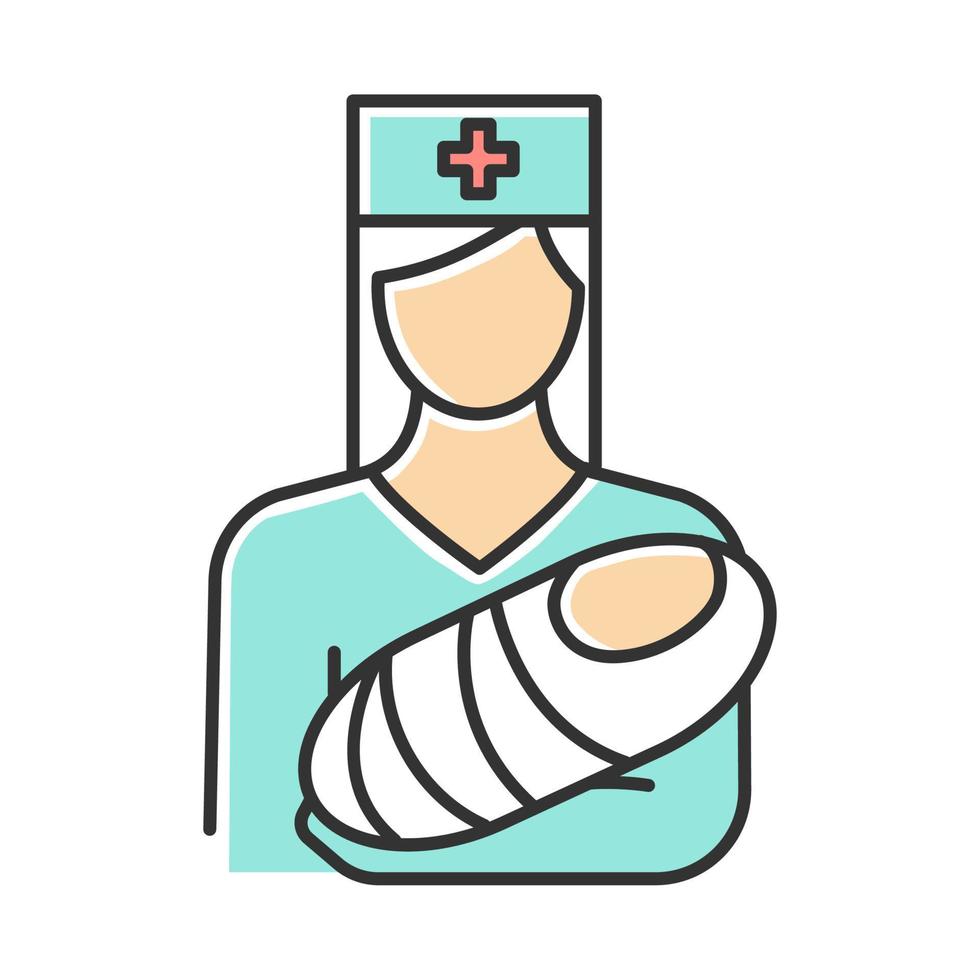 Pediatrics color icon. Nurse with baby. Doctor carrying infant. Childcare. Premature newborn help. Physician, doctor. Nonsurgical medical procedures. Healthcare. Isolated vector illustration