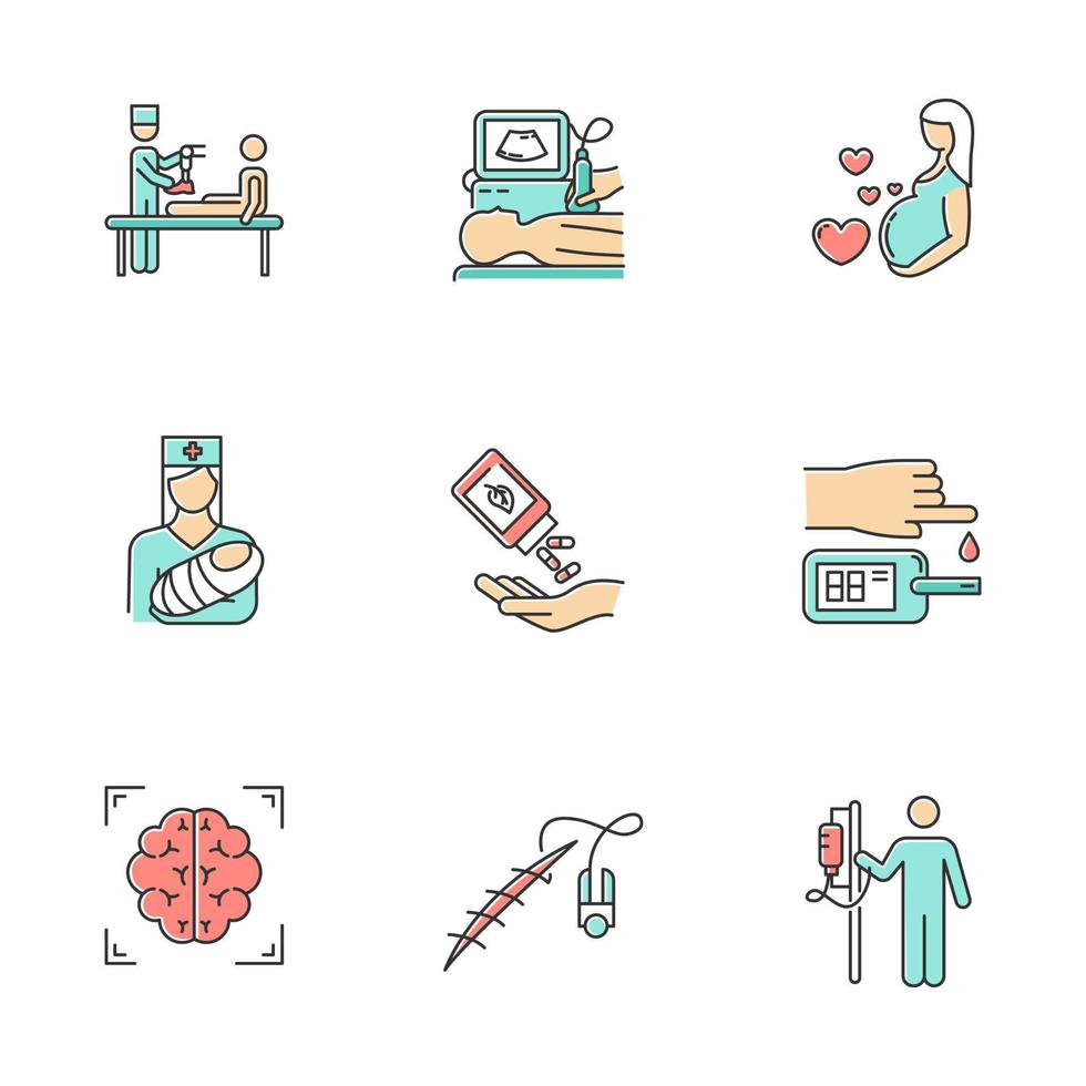 Medical procedures color icons set. Leg prosthetics. Ultrasound diagnostic. Pregnancy care and pediatrics. Homeopathy. Blood test. Brain scan. Stitching. Dropper. Isolated vector illustrations