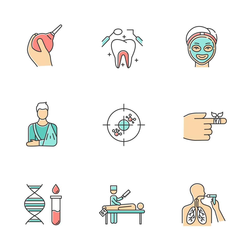 Medical procedures color icons set. Constipation aid. Healthcare. Orthopedic cast. Immunotherapy. Dental care. Cosmetology. Bandaging. Genetics. Autopsy. Bronchoscopy. Isolated vector illustrations