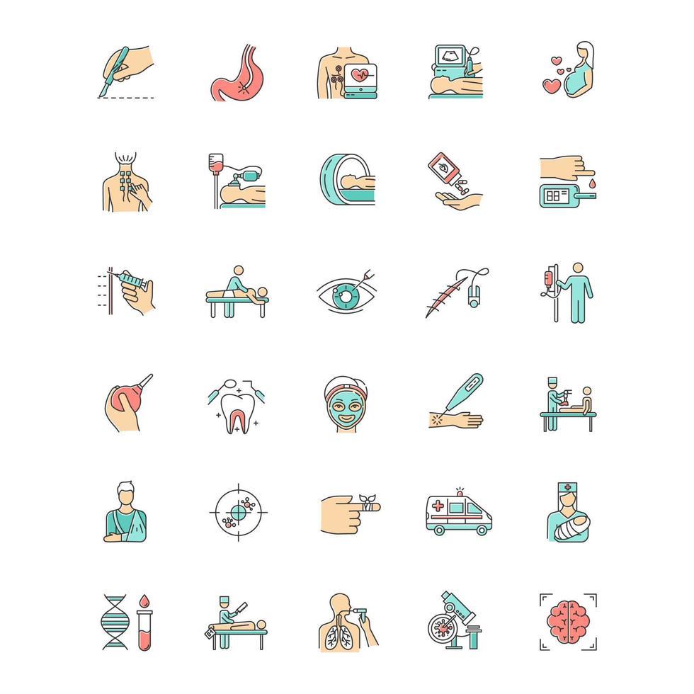 Medical procedure color icons set. Surgery. Endoscopy. Health care. Brain scan. First emergency aid. Blood test. Injury treatment. Vision correction. Pediatrics. Isolated vector illustrations