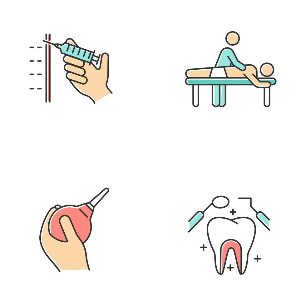 conjunto de iconos de color de procedimientos médicos. inyección con jeringa. masaje. lavado cuidado dental. salud bucal. ayuda clínica. masajista y paciente. ayuda para el estreñimiento. ilustraciones de vectores aislados