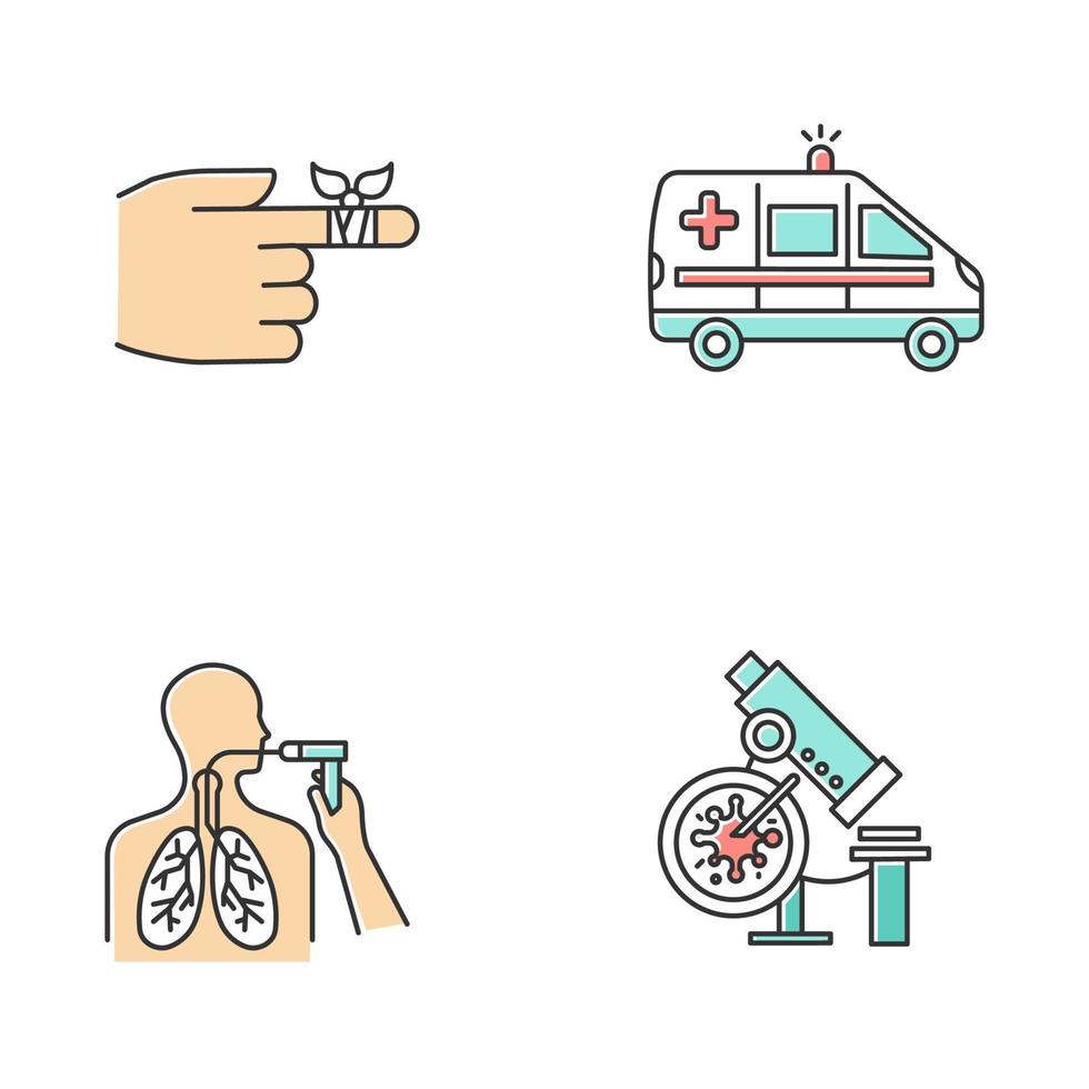 Medical procedures color icons set. Bandaging hurt finger. Emergency care. Ambulance transportation. Bronchoscopy. Lung health examination. Infection lab test. Isolated vector illustrations