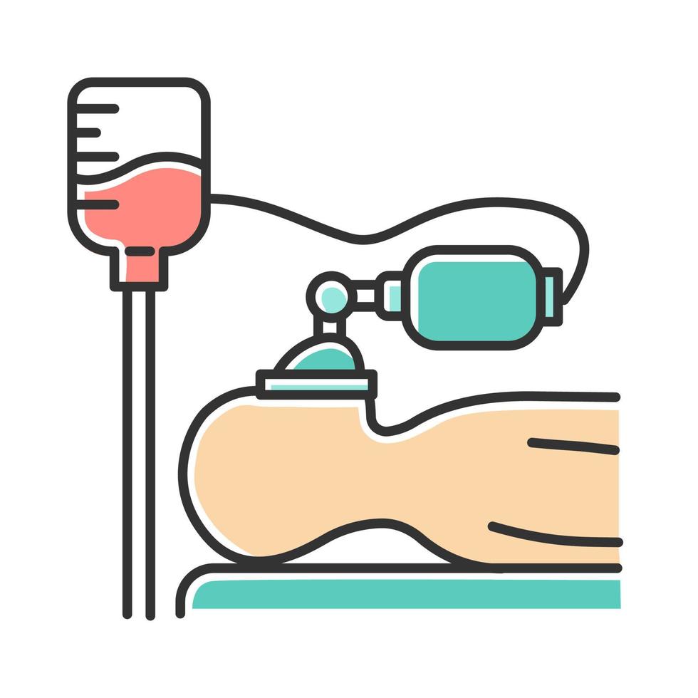 Anesthesia color icon. Medical procedure. Apnea stage. Liquid induction. Patient unconscious on bed. Dropper. Professional clinical help. Disease treatment, illness aid. Isolated vector illustration