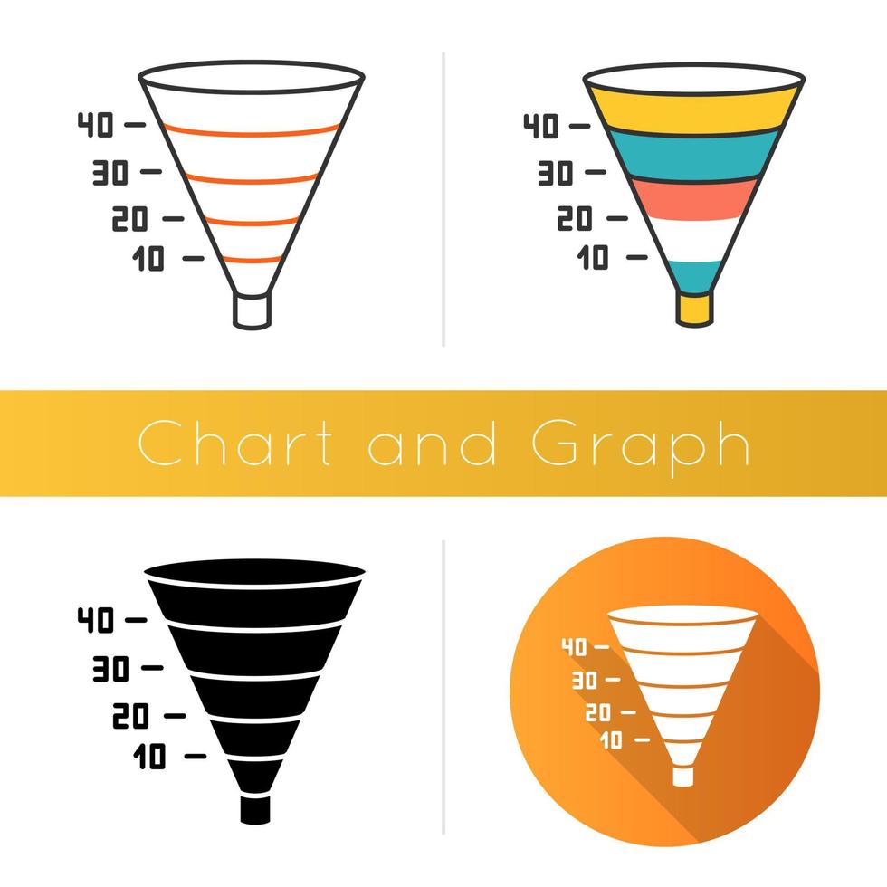 Funnel graph icon. Marketing strategy chart. Conversion economic plan. Financial report. Business research presentation. Flat design, linear and color styles. Isolated vector illustrations